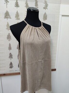 Max Studio Faux Suede Halter Top Perforated Keyhole Blouse Beige Tan Large
